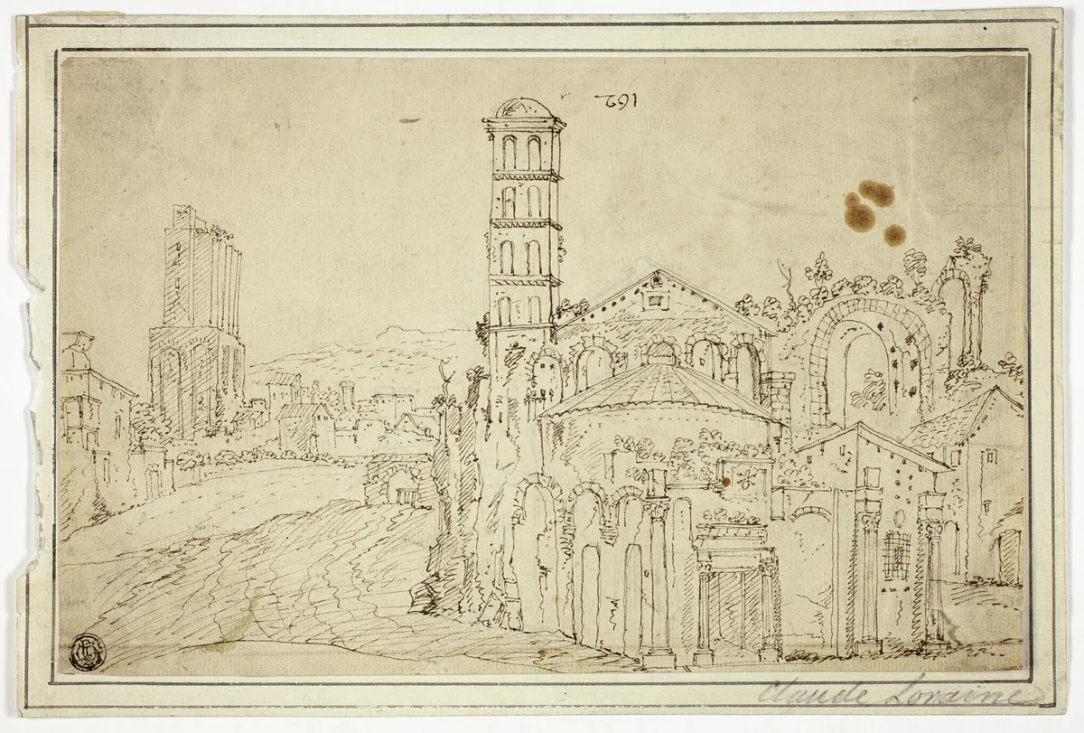View in Rome: Torre della Melisa, Ruins of Early Christian Church by Willem van Nieuwlandt, drawing, 1600-1699