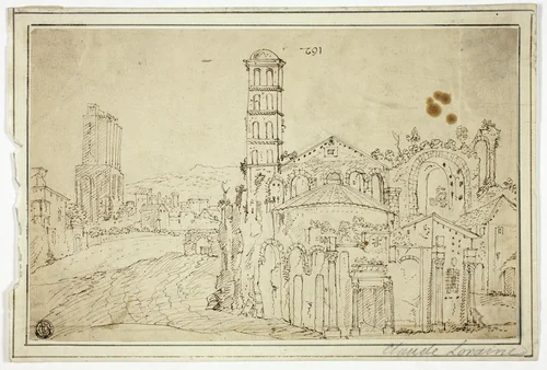 View in Rome: Torre della Melisa, Ruins of Early Christian Church by Willem van Nieuwlandt, drawing, 1600-1699