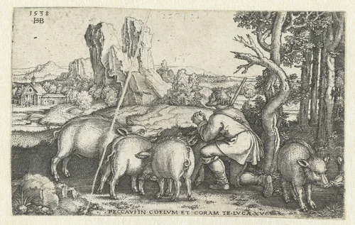 Verloren zoon als varkenshoeder by Unknown, print, 1538