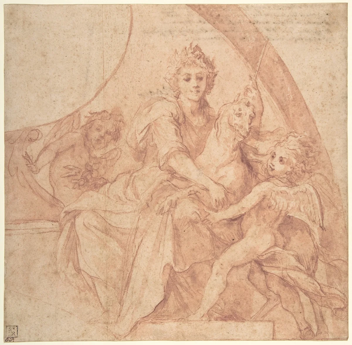Allegorical Figure of Purity with a Unicorn and Two Putti (recto); Study of the Same Figures (verso) by Baldassarre Franceschini, drawing, 1642