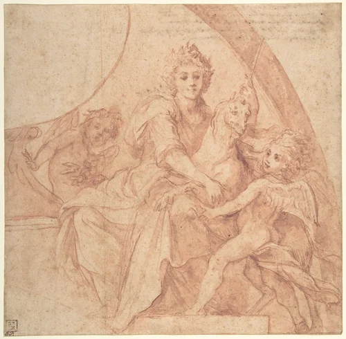 Allegorical Figure of Purity with a Unicorn and Two Putti (recto); Study of the Same Figures (verso) by Baldassarre Franceschini, drawing, 1642