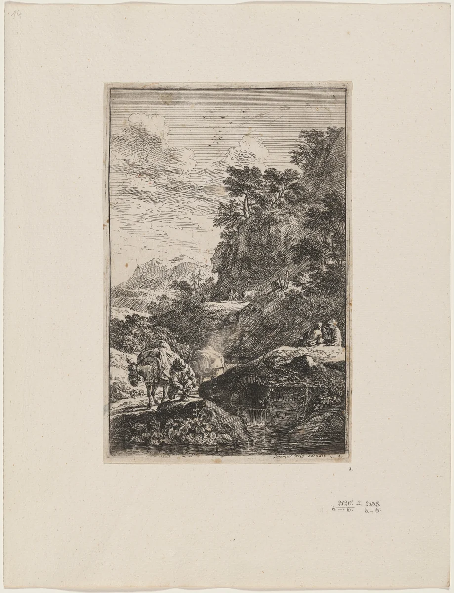 Drover with Two Mules by Joachim Franz Beich, print, 1700-1725