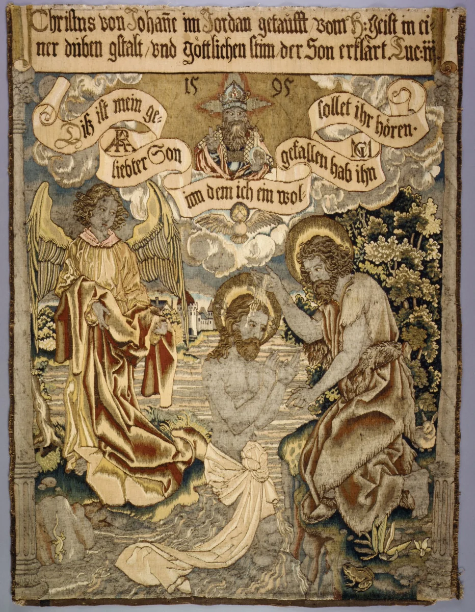 The Baptism of Christ from a set of The Passion by Martin Schongauer, textile, 1595