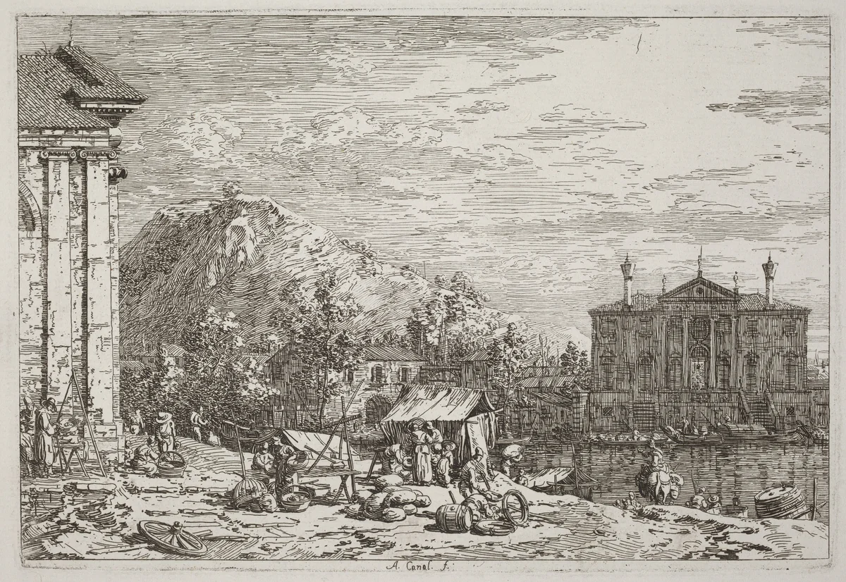 The Market at Dolo [lower left] by Canaletto, print, 1735-1746