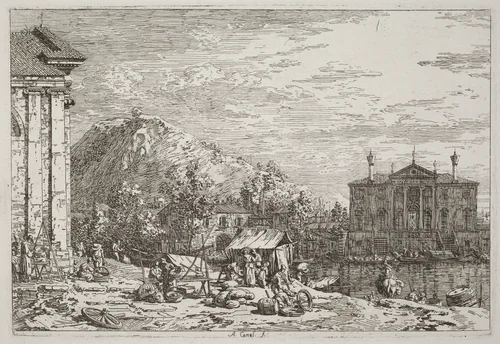 The Market at Dolo [lower left] by Canaletto, print, 1735-1746