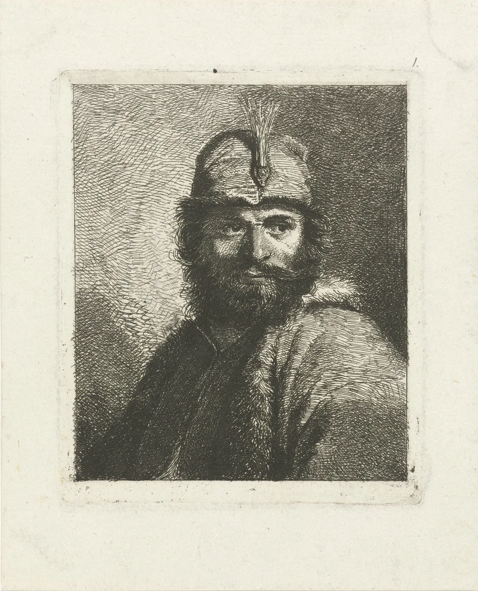 Portret van onbekende man met baard en gepluimde hoed by Johannes Pieter de Frey, print, 1780-1834
