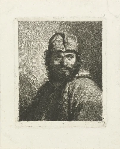 Portret van onbekende man met baard en gepluimde hoed by Johannes Pieter de Frey, print, 1780-1834