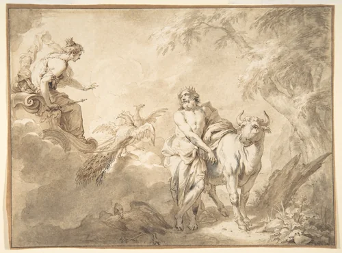 Jupiter and Io, disguised as a white heifer, from "The Metamorphoses of Ovid" by Godfried Maes, drawing, 1664-1700