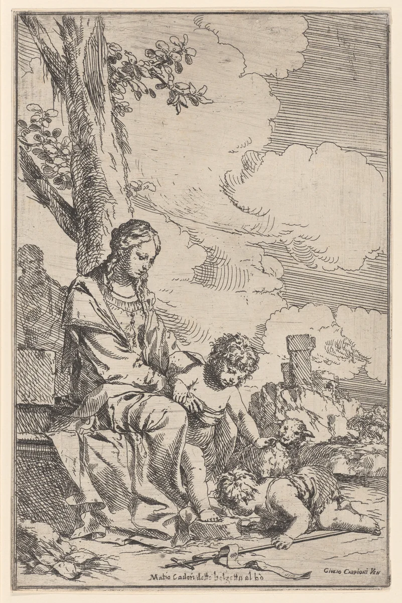The Holy Family with the infant Saint John kissing Christ's feet by Giulio Carpioni, print, 1640-1660