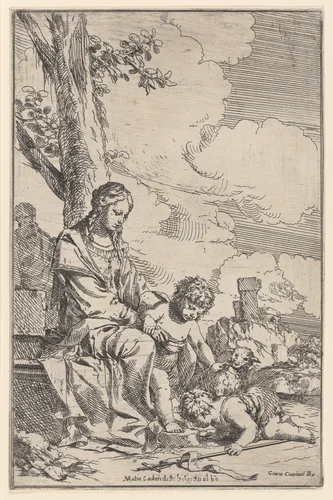 The Holy Family with the infant Saint John kissing Christ's feet by Giulio Carpioni, print, 1640-1660