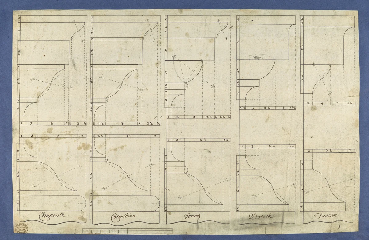 Bases and Caps of the Pedestals of Each Order, in Chippendale Drawings, Vol. I by Thomas Chippendale, drawing, 1753