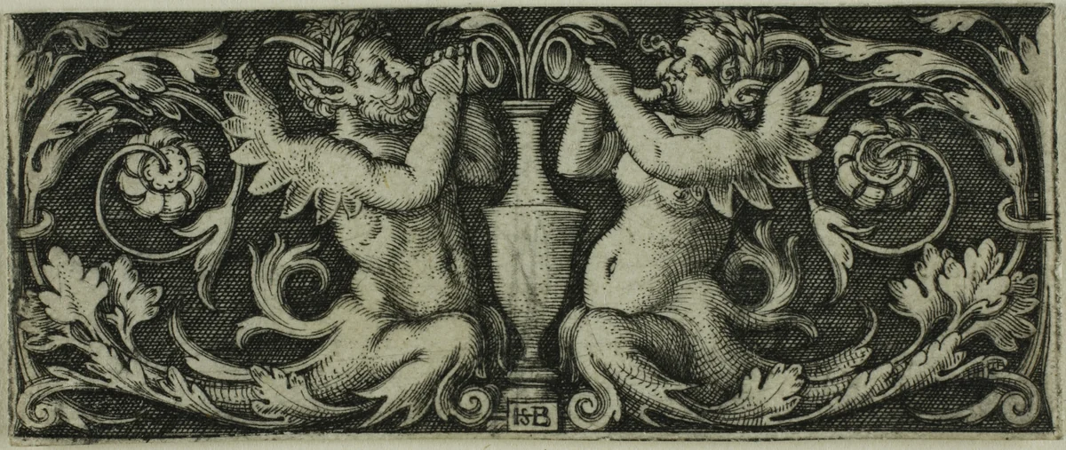 Ornament with Two Tritons, from Four Vignettes by Sebald Beham, print, 1539-1549