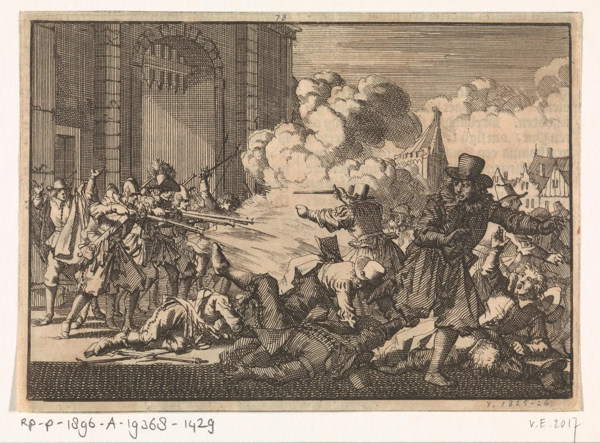 Oproer in Rotterdam naar aanleiding van het gevangennemen van een remonstrantse predikant, 1621 by Jan Luyken, print, 1698