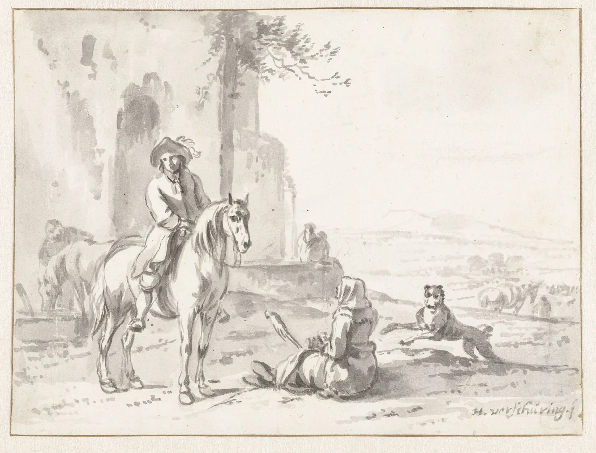 Ruiter bij een op de grond zittende spinnende vrouw by Hendrik Verschuring, drawing, 1637-1690
