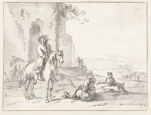 Ruiter bij een op de grond zittende spinnende vrouw by Hendrik Verschuring, drawing, 1637-1690