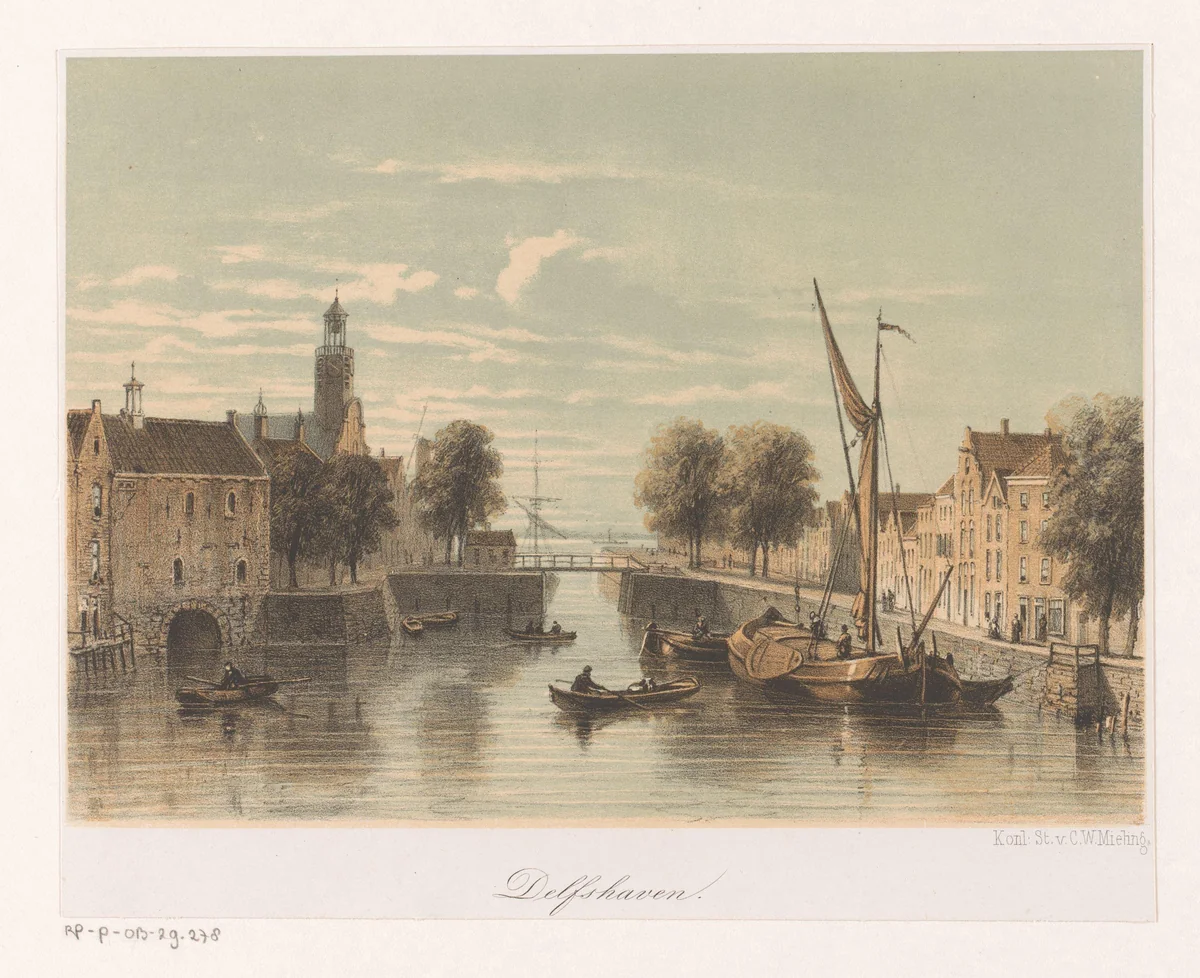 Gezicht op Delfshaven by anonymous, print, 1863
