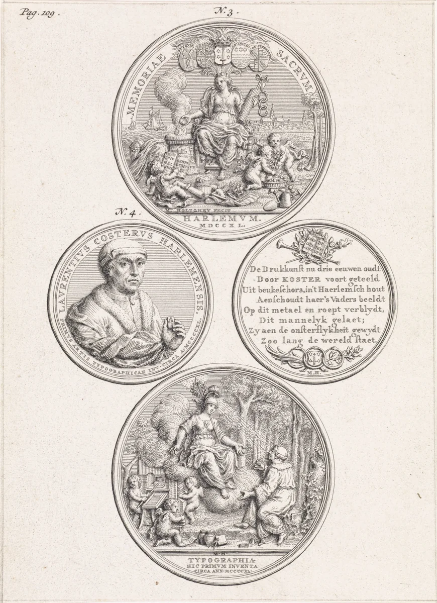 Blad met de voor- en achterzijde van twee penningen vervaardigd ter ere van Laurens Jansz. Coster by Jan Wandelaar, print, 1740