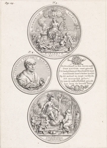 Blad met de voor- en achterzijde van twee penningen vervaardigd ter ere van Laurens Jansz. Coster by Jan Wandelaar, print, 1740