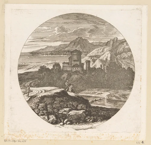 Arcadisch landschap met figuren op een heuvel en een baai op de achtergrond by Théodore, print, 1690-1730