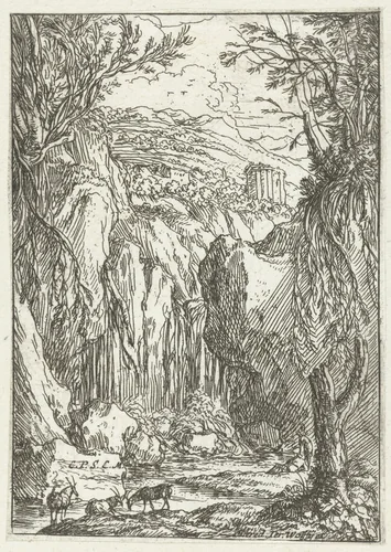 Rotslandschap met antieke tempel by Jonas Umbach, print, 1634-1693