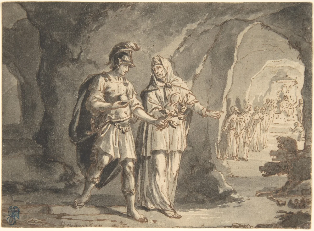 Aeneas and the Sibyl in the Underworld by Arnold Houbraken, drawing, 1670-1719