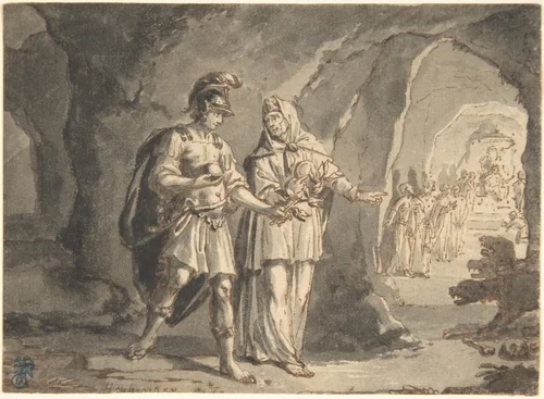 Aeneas and the Sibyl in the Underworld by Arnold Houbraken, drawing, 1670-1719