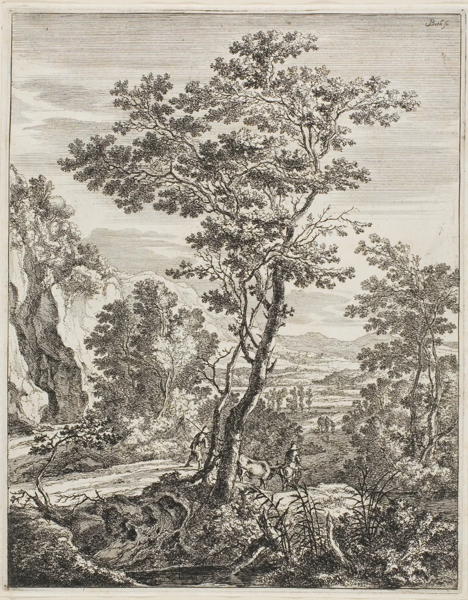 The Large Tree, from Upright Italian Landscapes by Jan Both, print, 1638-1652