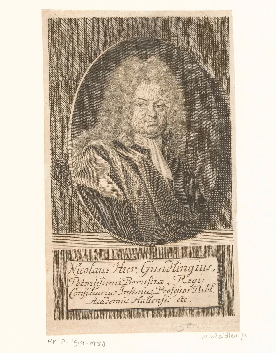 Portret van Nicolaus Hieronymus Gundling by Martin Bernigeroth, print, 1719