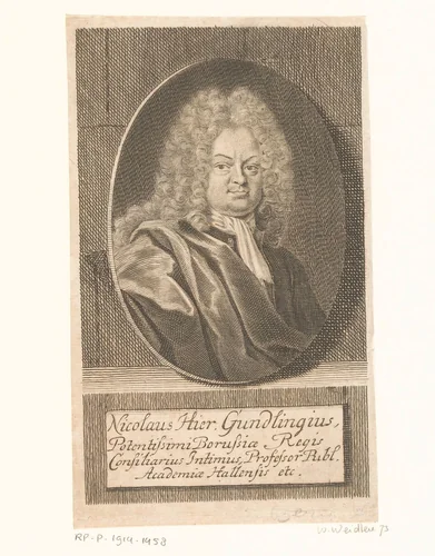 Portret van Nicolaus Hieronymus Gundling by Martin Bernigeroth, print, 1719