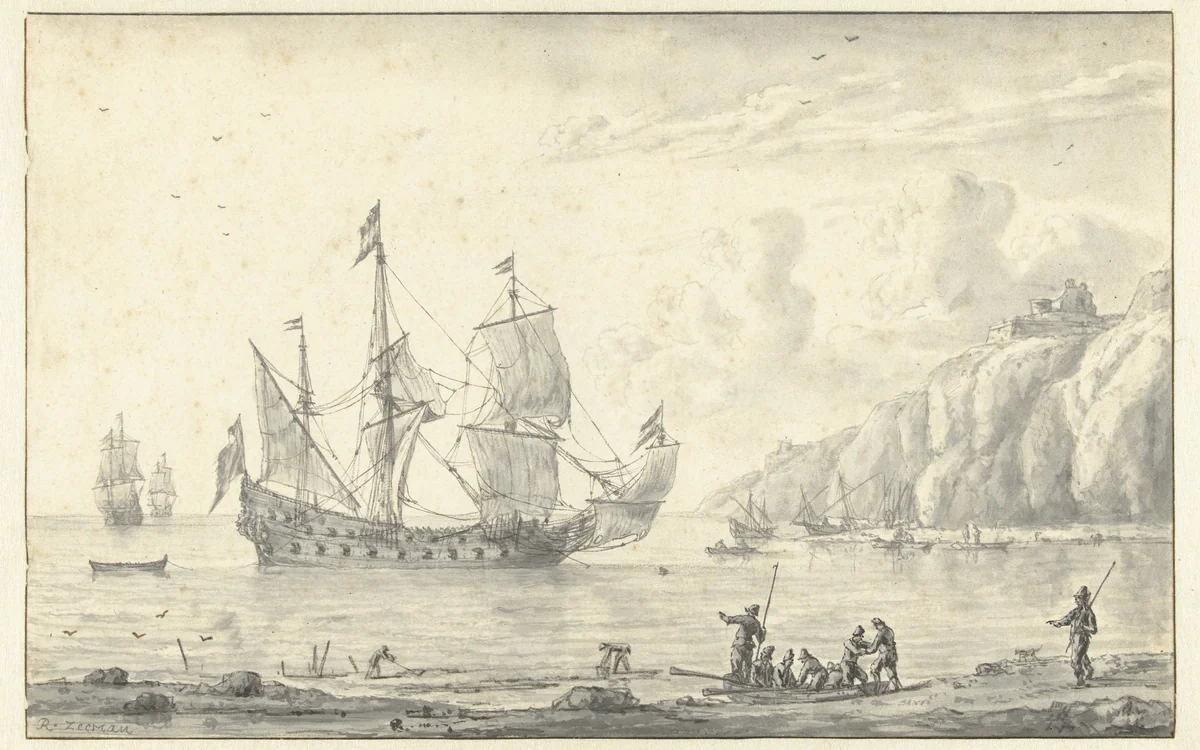 Driemaster op de rede van een rotsachtige kust by Reinier Nooms, drawing, 1633-1667