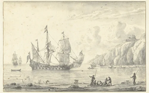 Driemaster op de rede van een rotsachtige kust by Reinier Nooms, drawing, 1633-1667