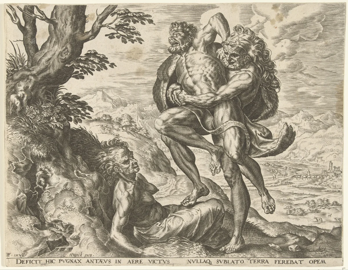 Hercules worstelt met Antaeus by Cornelis Cort, print, 1563