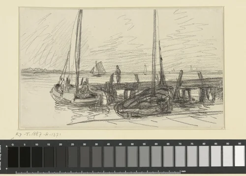 Twee vissersschepen aan een houten havenhoofd waarop een man staat by Adolphe Mouilleron, drawing, 1830-1881