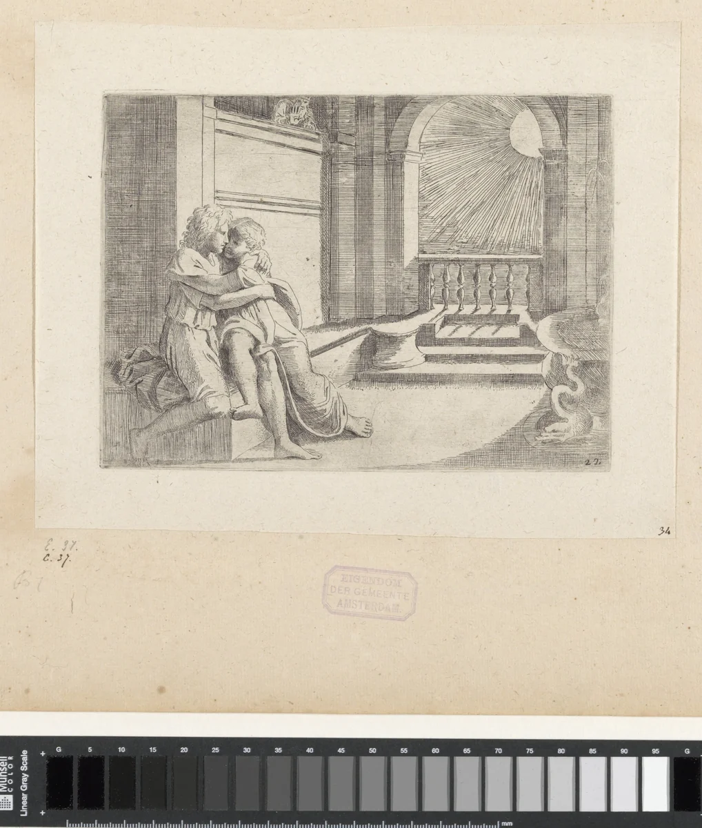 Abimelech ziet Isaak Rebekka liefkozen by Sisto Badalocchio, print, 1607