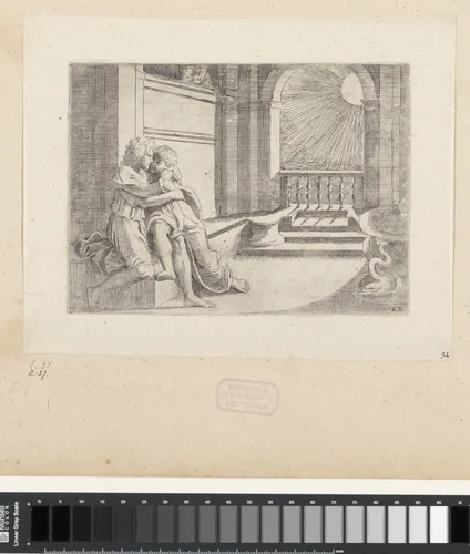 Abimelech ziet Isaak Rebekka liefkozen by Sisto Badalocchio, print, 1607