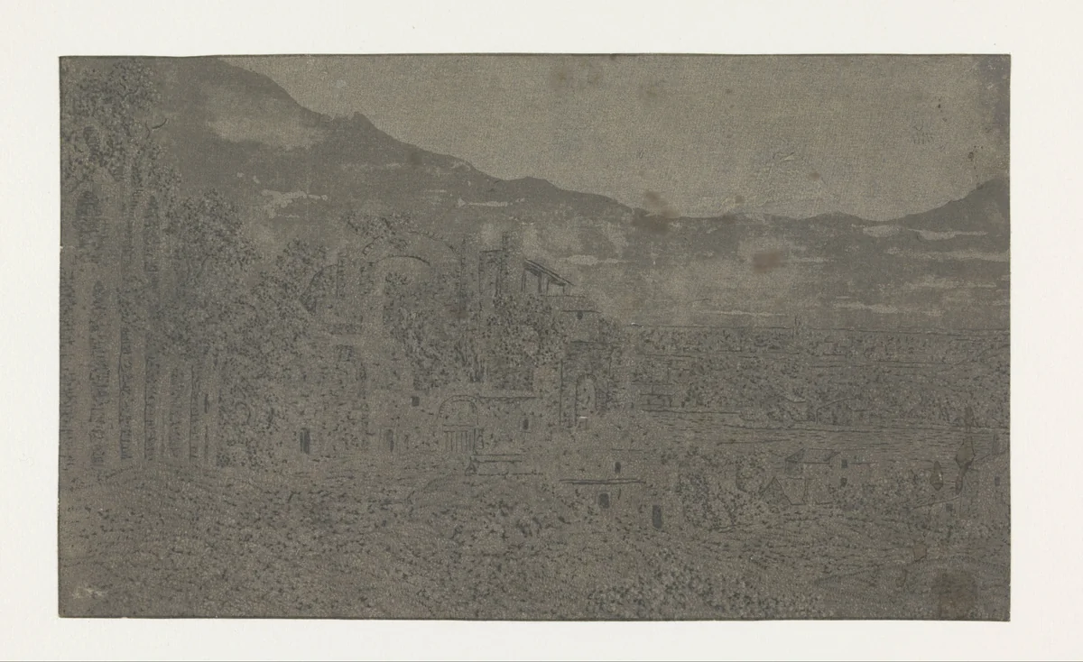Roman Ruins, a City in the Distance by Hercules Segers, print, 1615-1630