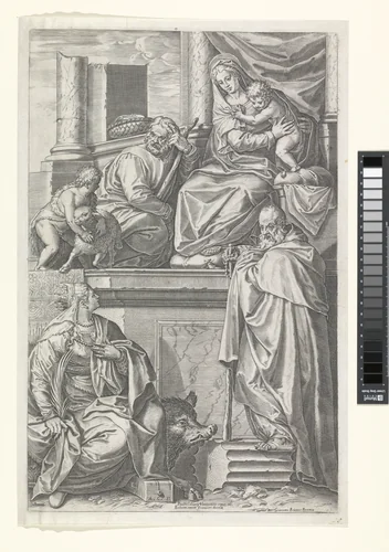 Heilige Familie met de heilige Catharina van Alexandrië en de heilige Antonius by Unknown, print, 1582