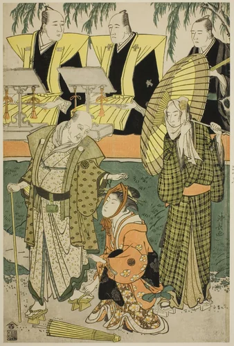 The Actors Bando Matakuro IV as Chubei, Osagawa Tsuneyo II as Umegawa, and Nakamura Katsugoro as Magoemon, in the play "Keisei Koibikyaku," performed at the Morita Theater in the fifth month, 1783 by Torii Kiyonaga (鳥居清長), print, 1783