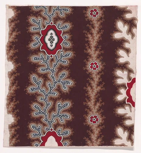 Textile Design with Alternating Vertical Garlands of Stylized Leaves and Branches Decorated with Quatrefoils with an Ornamental Frame and Rosettes with Pearls by anonymous, drawing, 1840