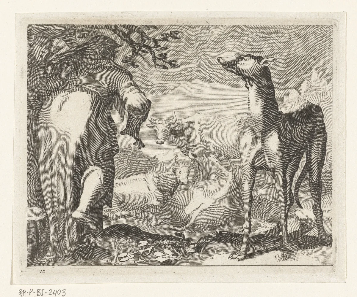 Twee vrouwen en hond bij koeien by anonymous, print, 1611-1661