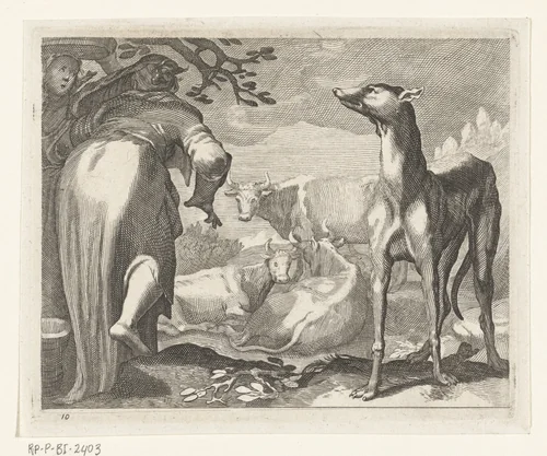 Twee vrouwen en hond bij koeien by anonymous, print, 1611-1661