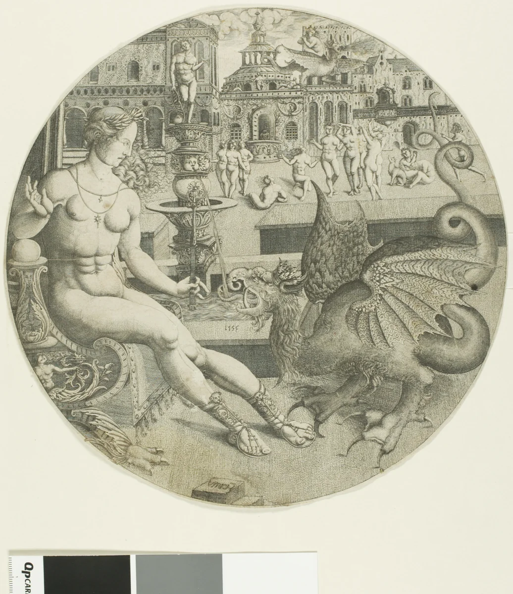 The Naked Woman and the Dragon by Allaert Claesz, print, 1553