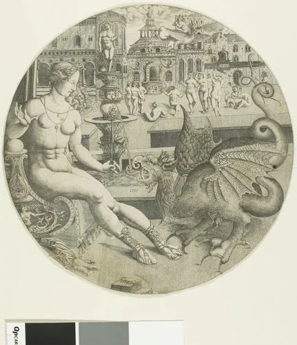 The Naked Woman and the Dragon by Allaert Claesz, print, 1553