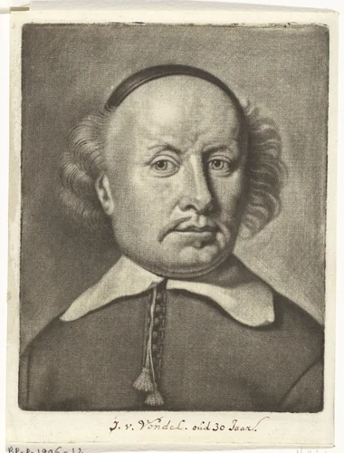 Portret van Joost van den Vondel by Michiel van Musscher, print, 1655-1705