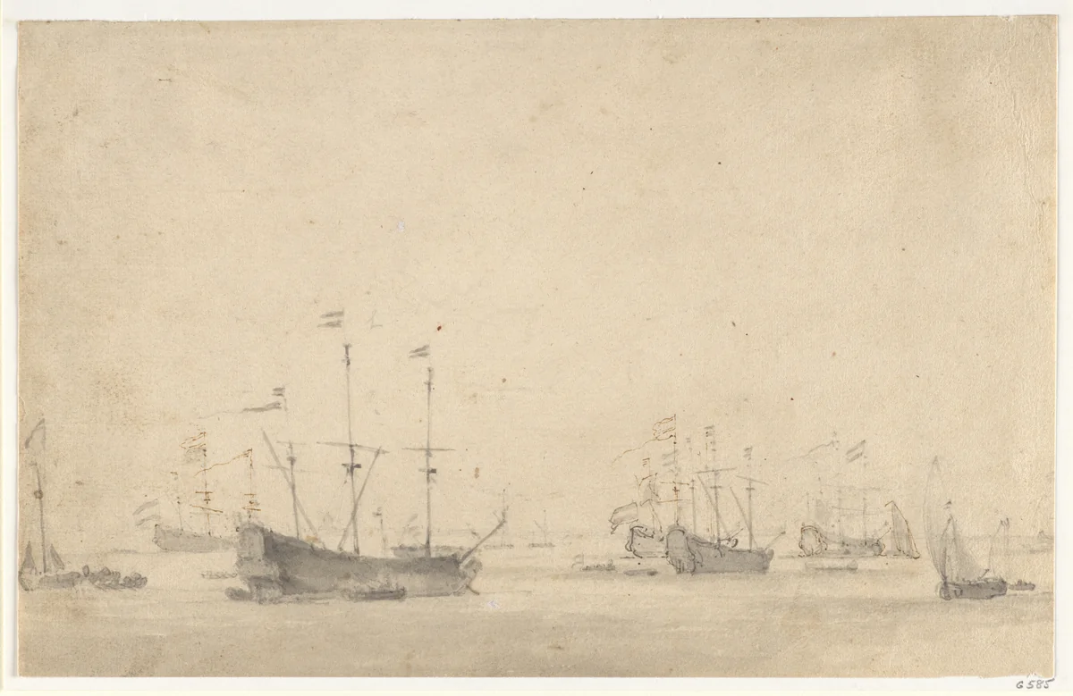 A Dutch Fleet Lying at Anchor by Willem van de Velde II, drawing, 1661-1667