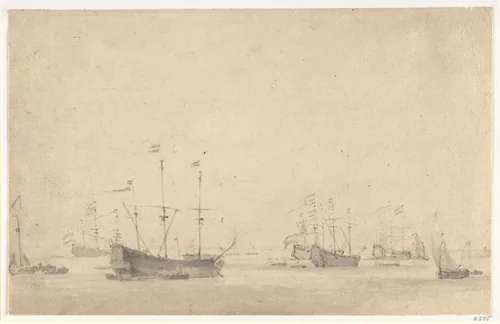 A Dutch Fleet Lying at Anchor by Willem van de Velde II, drawing, 1661-1667
