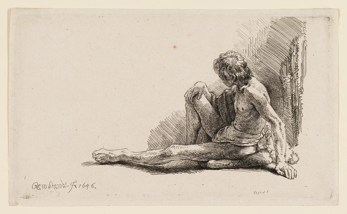 Nude Man Seated on the Ground with One Leg Extended by Rembrandt van Rijn, print, 1646