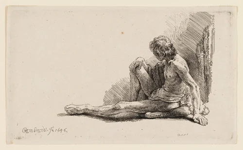 Nude Man Seated on the Ground with One Leg Extended by Rembrandt van Rijn, print, 1646