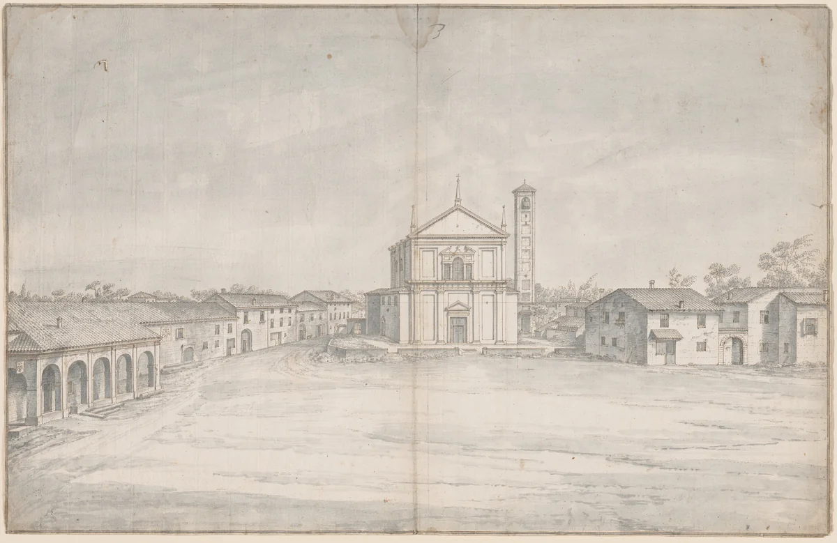 A Town Center with a Church by Italian 18th Century, drawing, 1700-1799