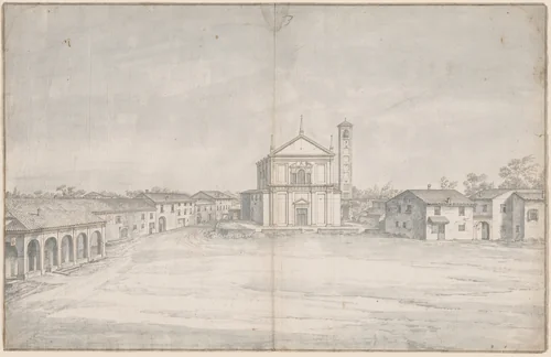 A Town Center with a Church by Italian 18th Century, drawing, 1700-1799